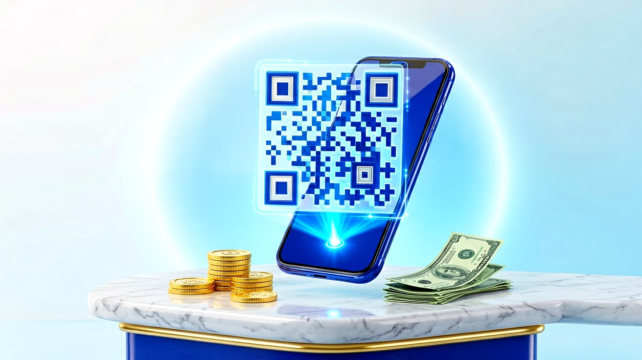 KBZPay app ဖြင့် QR ကုဒ်ကို scan လုပ်နေသည့် လက်ကိုင်ဖုန်းနှင့် ငွေစက္ကူများ