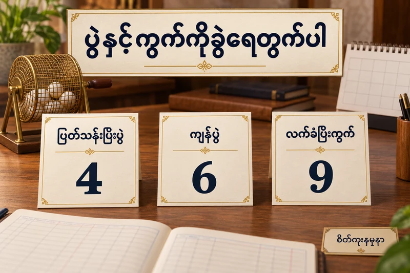 စိတ်ကူးထီအစီအစဉ်မှတ်တမ်းတွင်ဖြတ်သန်းပြီးပွဲ4၊ကျန်ပွဲ6၊လက်ခံပြီးကွက်9 ကိုမြန်မာစာကတ်များဖြင့်သီးခြားပြထားပုံ